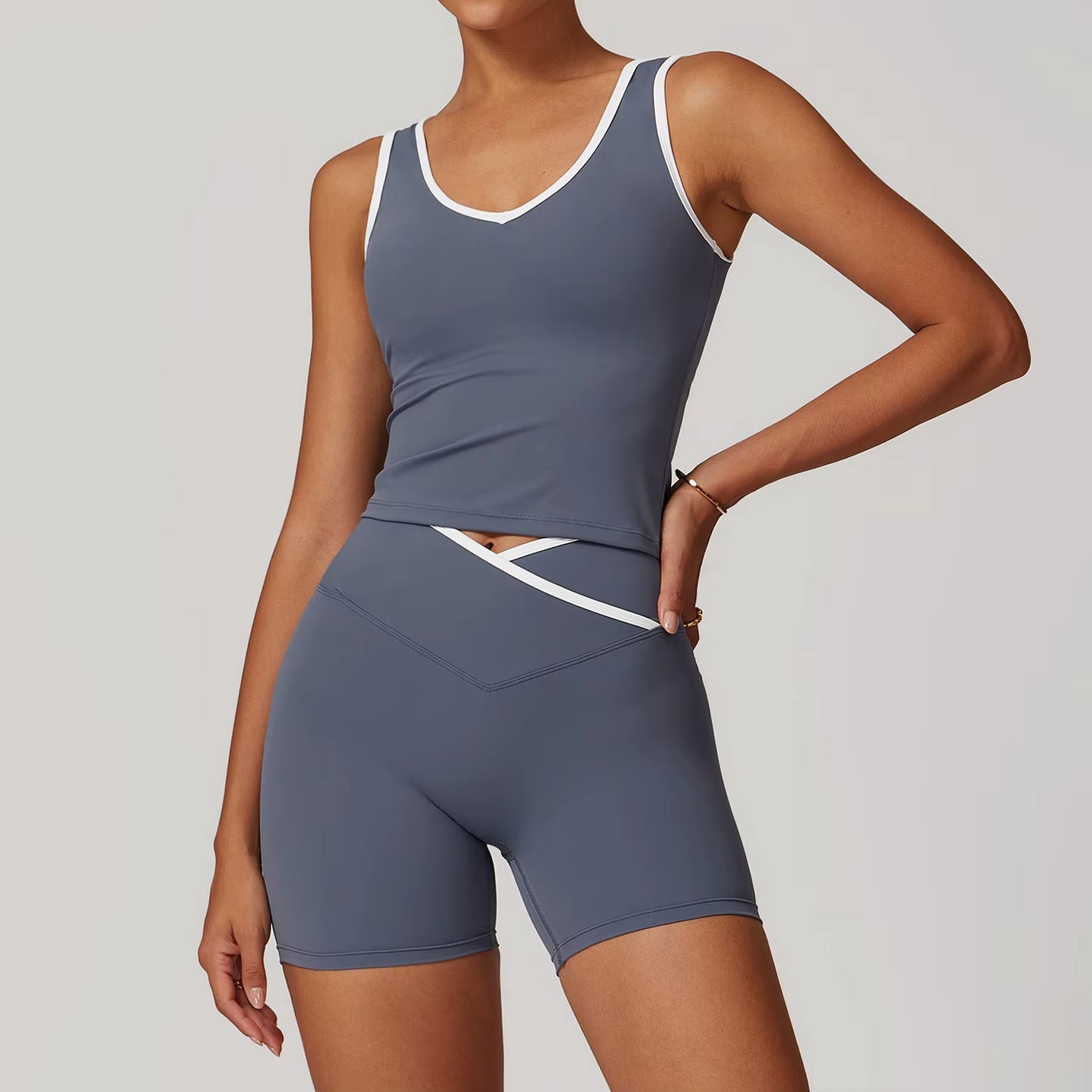 Wholesale High Waist Yoga Outfit Women 4 Piece Vest Crop Top Bra Gym Leggings Shorts Fitness Clothes Sport Set