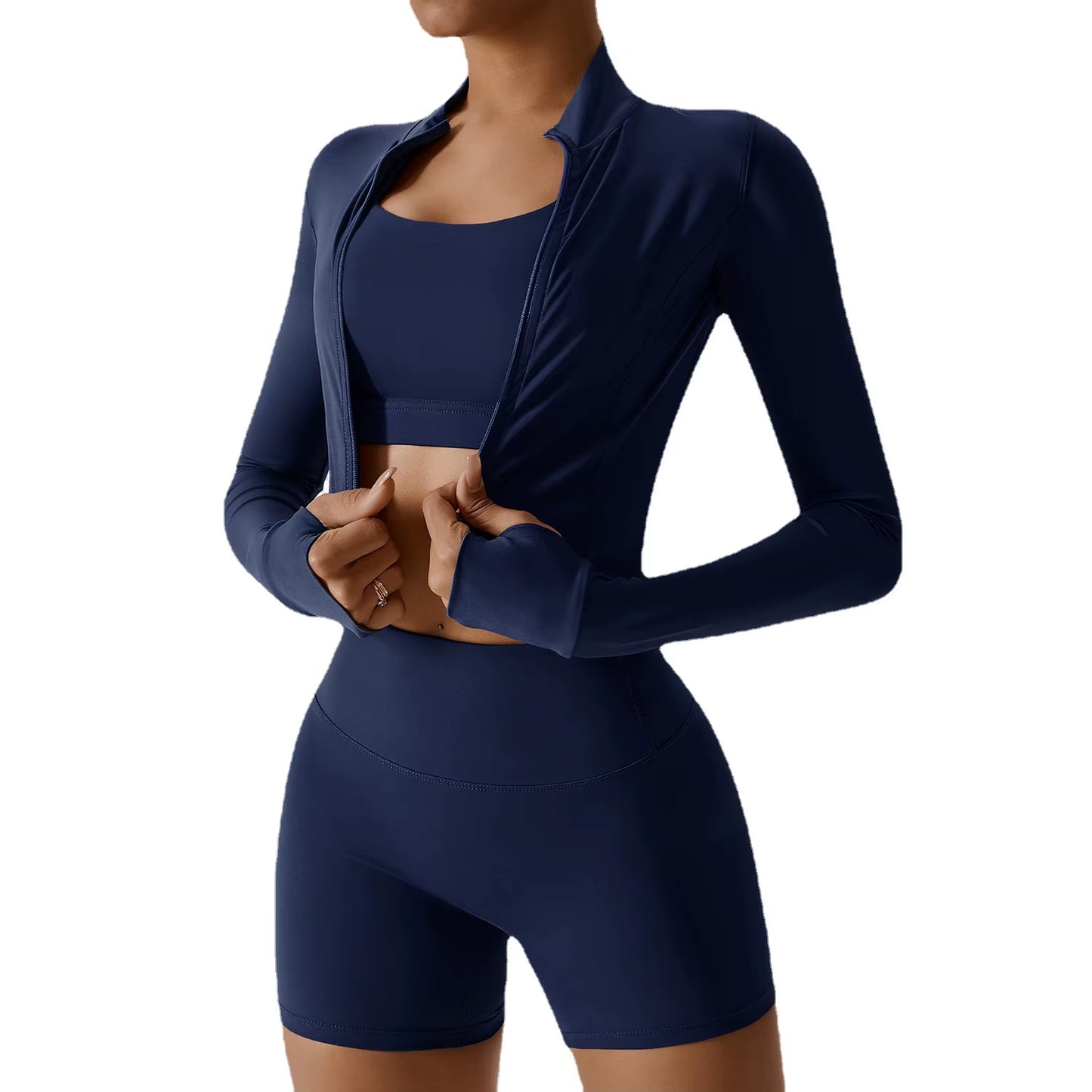 3 Piece Active Wear Sportswear Exercise Athletic Ribbed Hollow Zipper Long Sleeve Gym Workout Seamless Yoga Sets for Women