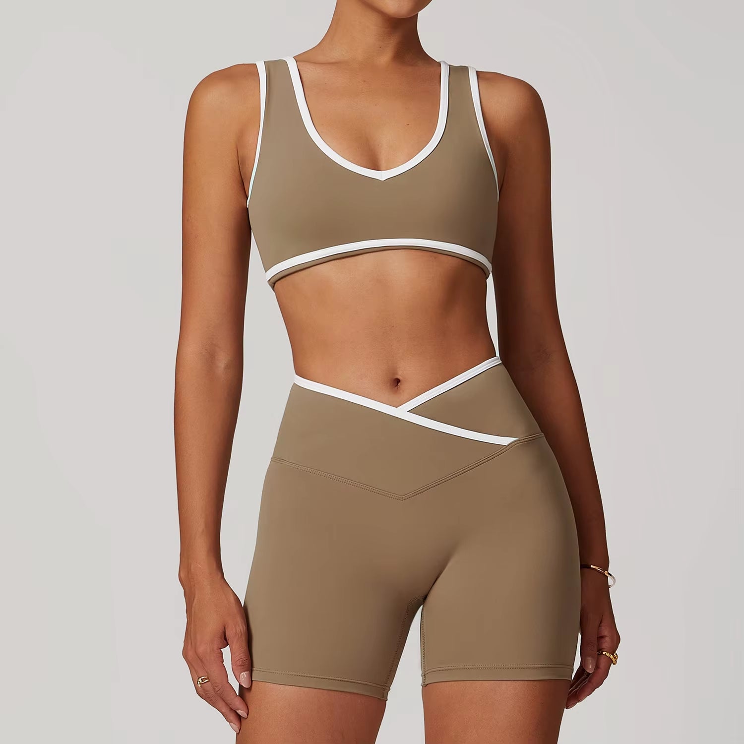 Wholesale High Waist Yoga Outfit Women 4 Piece Vest Crop Top Bra Gym Leggings Shorts Fitness Clothes Sport Set