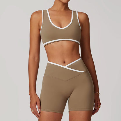 Wholesale High Waist Yoga Outfit Women 4 Piece Vest Crop Top Bra Gym Leggings Shorts Fitness Clothes Sport Set