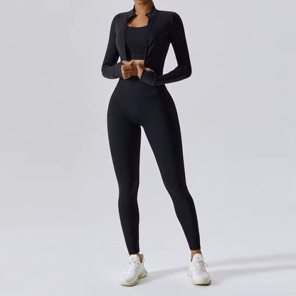3 Piece Active Wear Sportswear Exercise Athletic Ribbed Hollow Zipper Long Sleeve Gym Workout Seamless Yoga Sets for Women