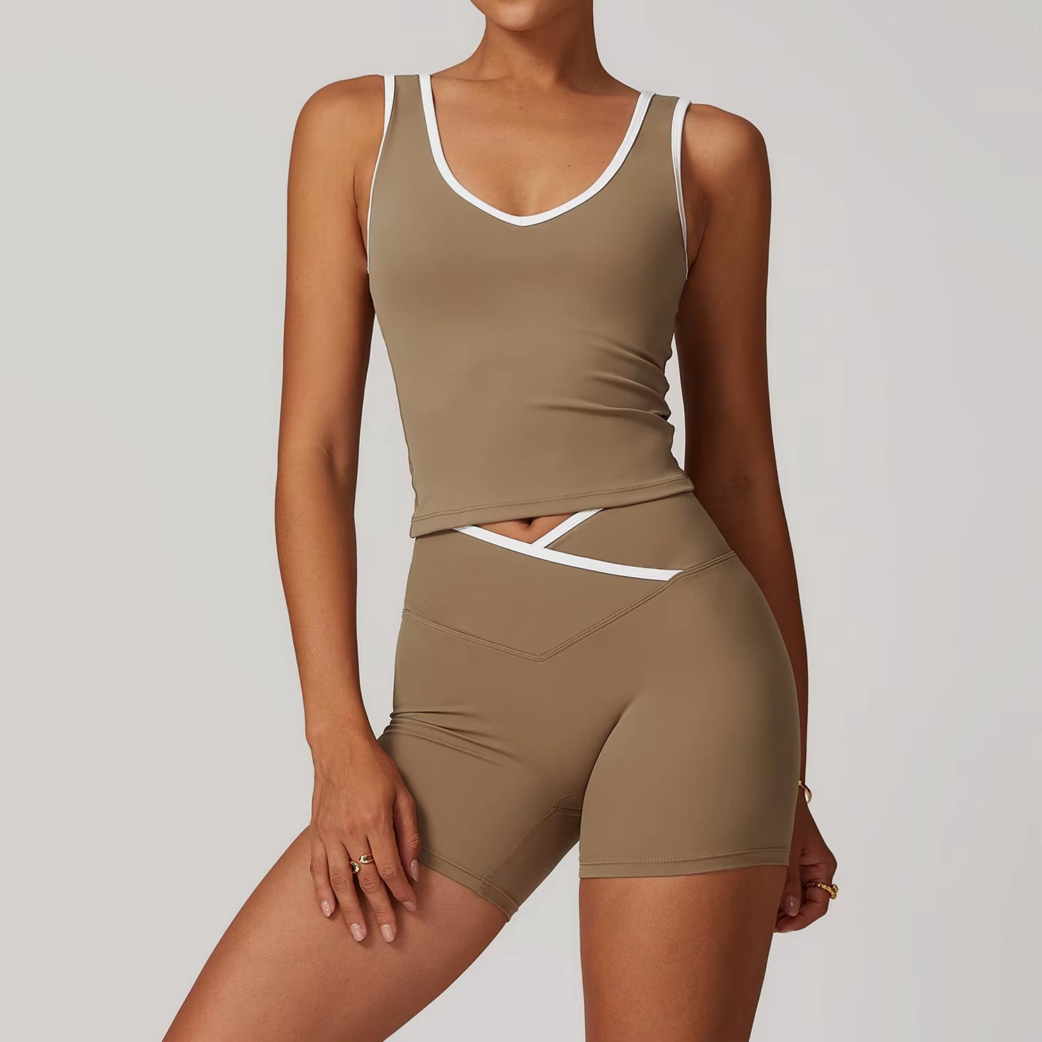 Wholesale High Waist Yoga Outfit Women 4 Piece Vest Crop Top Bra Gym Leggings Shorts Fitness Clothes Sport Set