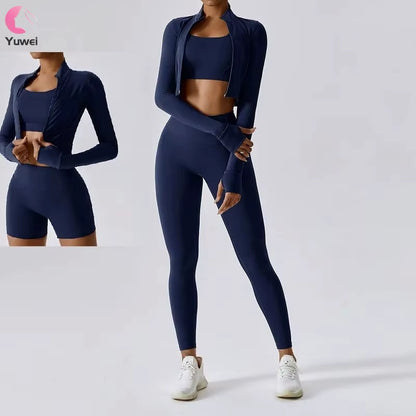 3 Piece Active Wear Sportswear Exercise Athletic Ribbed Hollow Zipper Long Sleeve Gym Workout Seamless Yoga Sets for Women