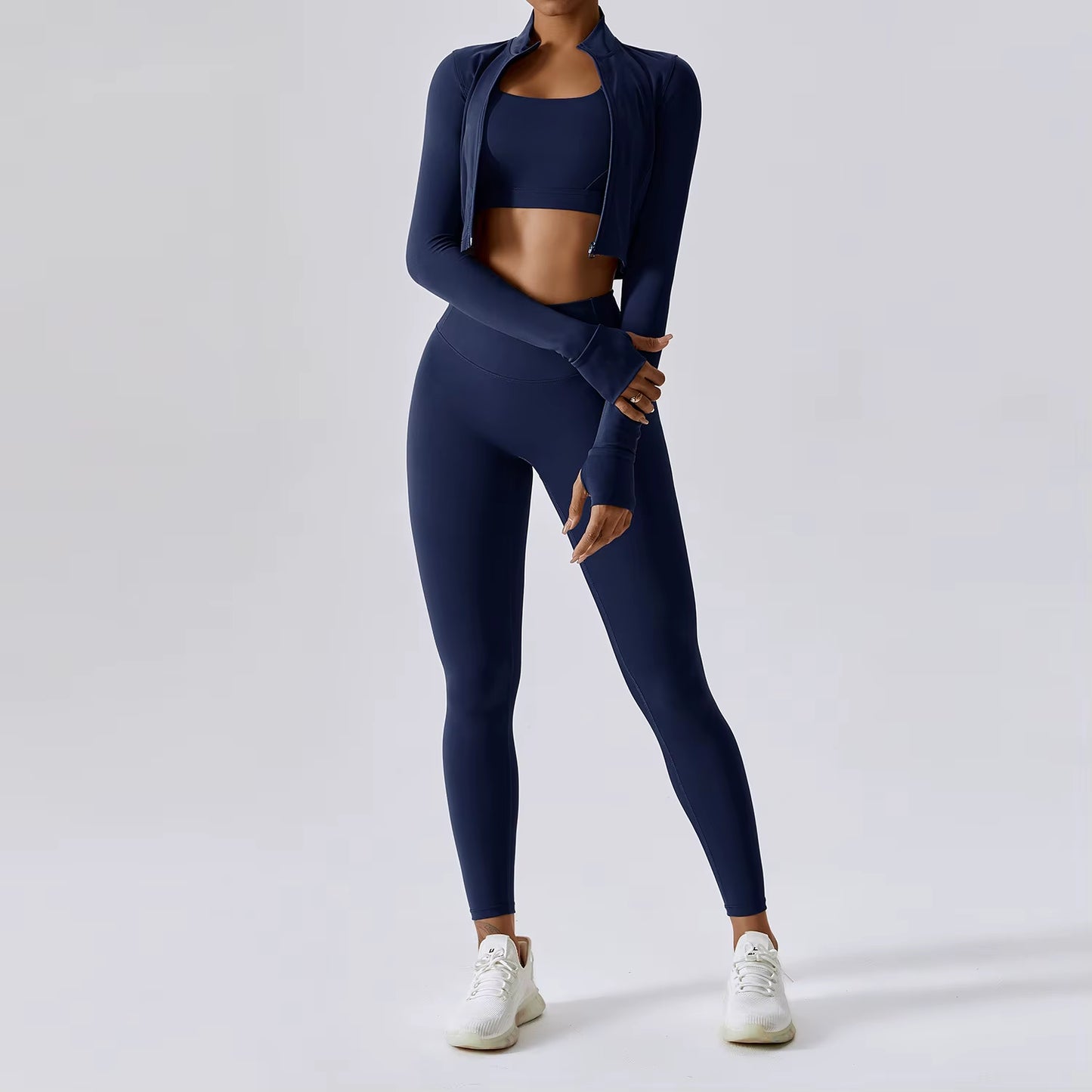 3 Piece Active Wear Sportswear Exercise Athletic Ribbed Hollow Zipper Long Sleeve Gym Workout Seamless Yoga Sets for Women