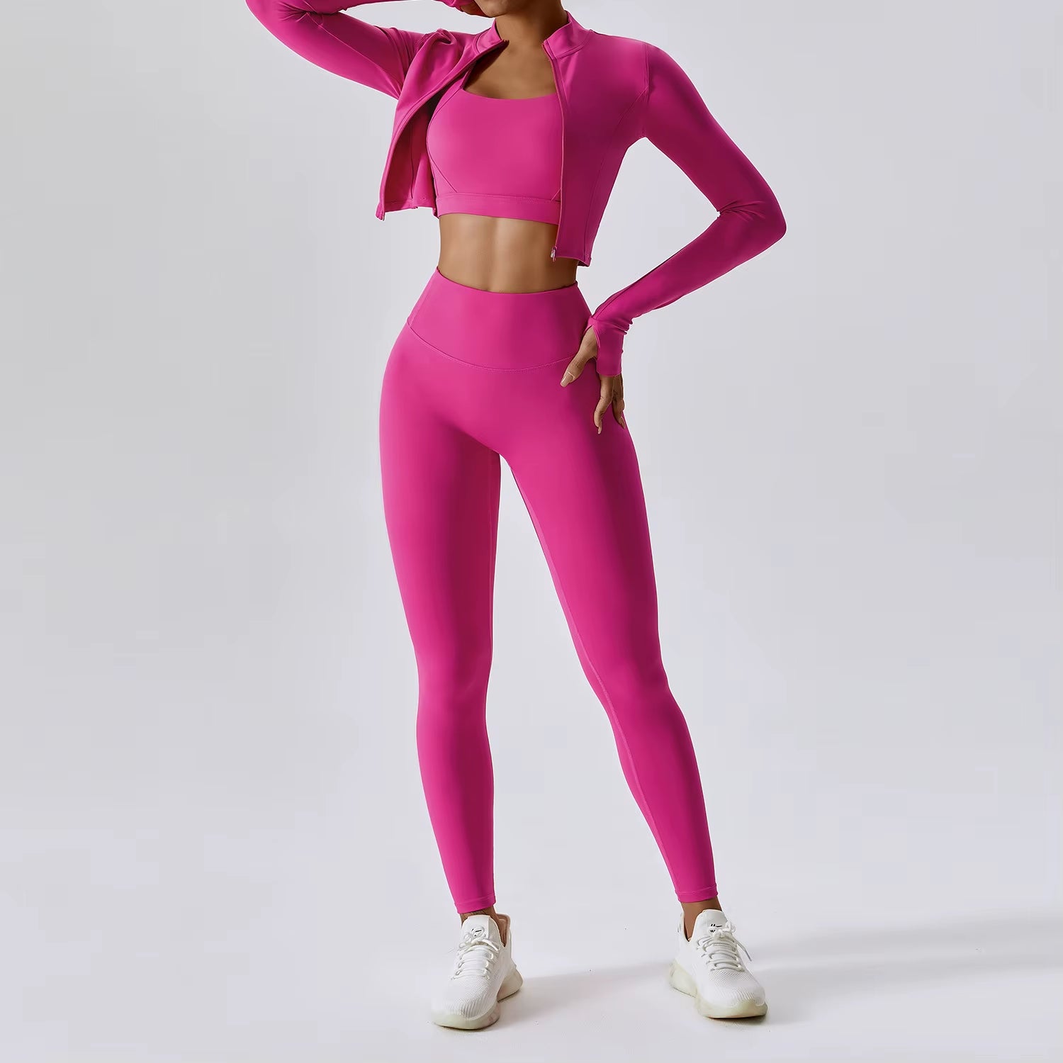3 Piece Active Wear Sportswear Exercise Athletic Ribbed Hollow Zipper Long Sleeve Gym Workout Seamless Yoga Sets for Women