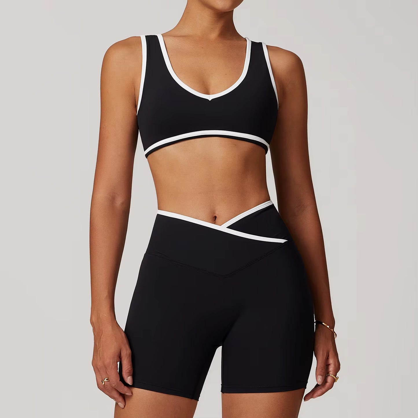 Wholesale High Waist Yoga Outfit Women 4 Piece Vest Crop Top Bra Gym Leggings Shorts Fitness Clothes Sport Set