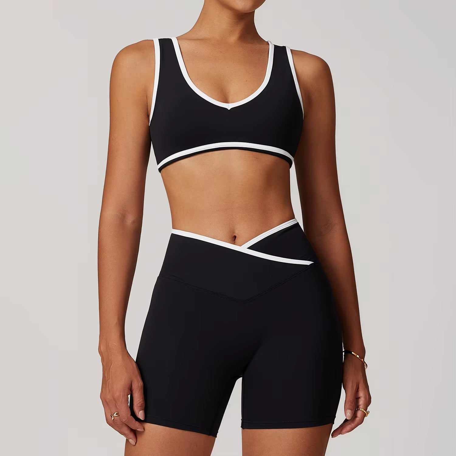 Wholesale High Waist Yoga Outfit Women 4 Piece Vest Crop Top Bra Gym Leggings Shorts Fitness Clothes Sport Set