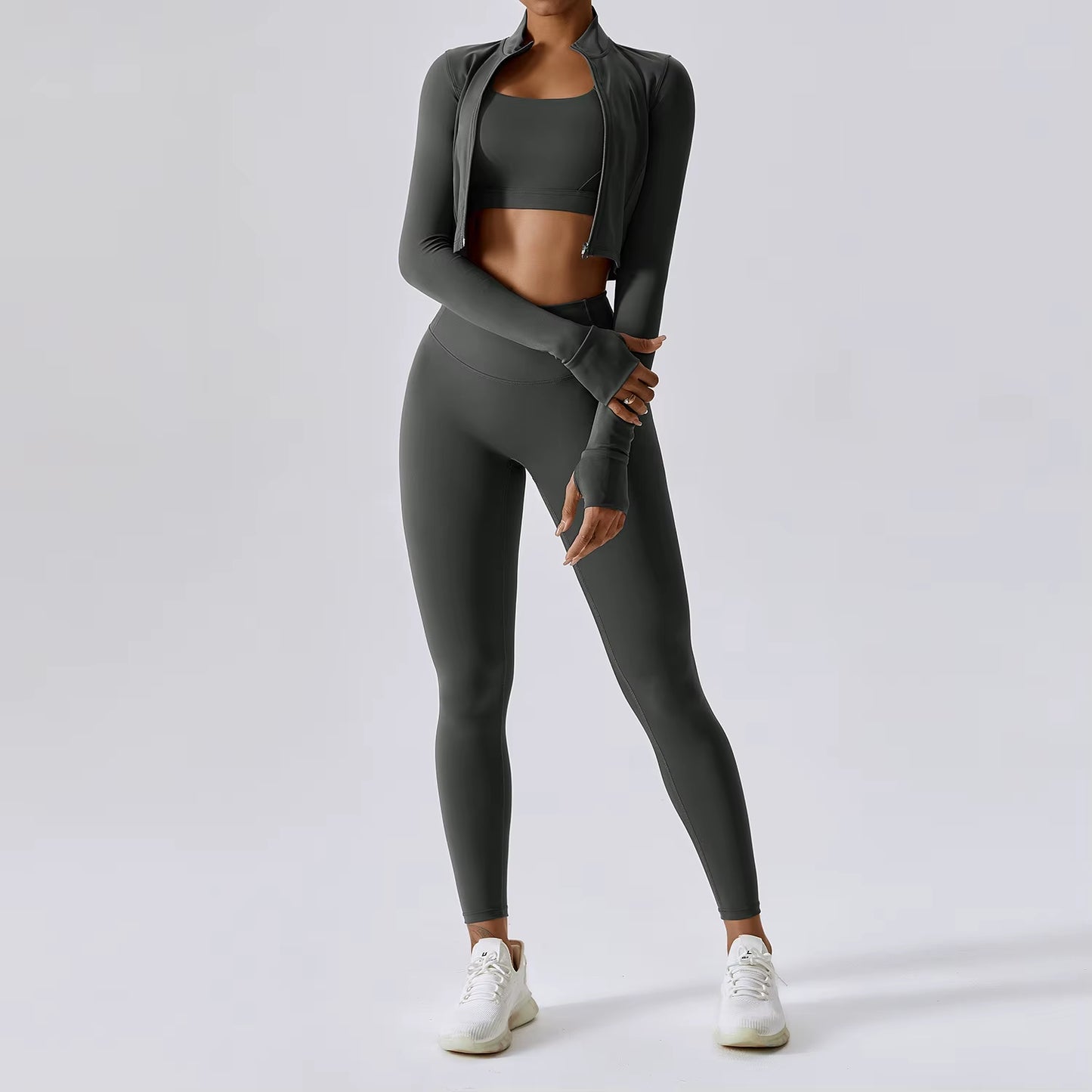 3 Piece Active Wear Sportswear Exercise Athletic Ribbed Hollow Zipper Long Sleeve Gym Workout Seamless Yoga Sets for Women