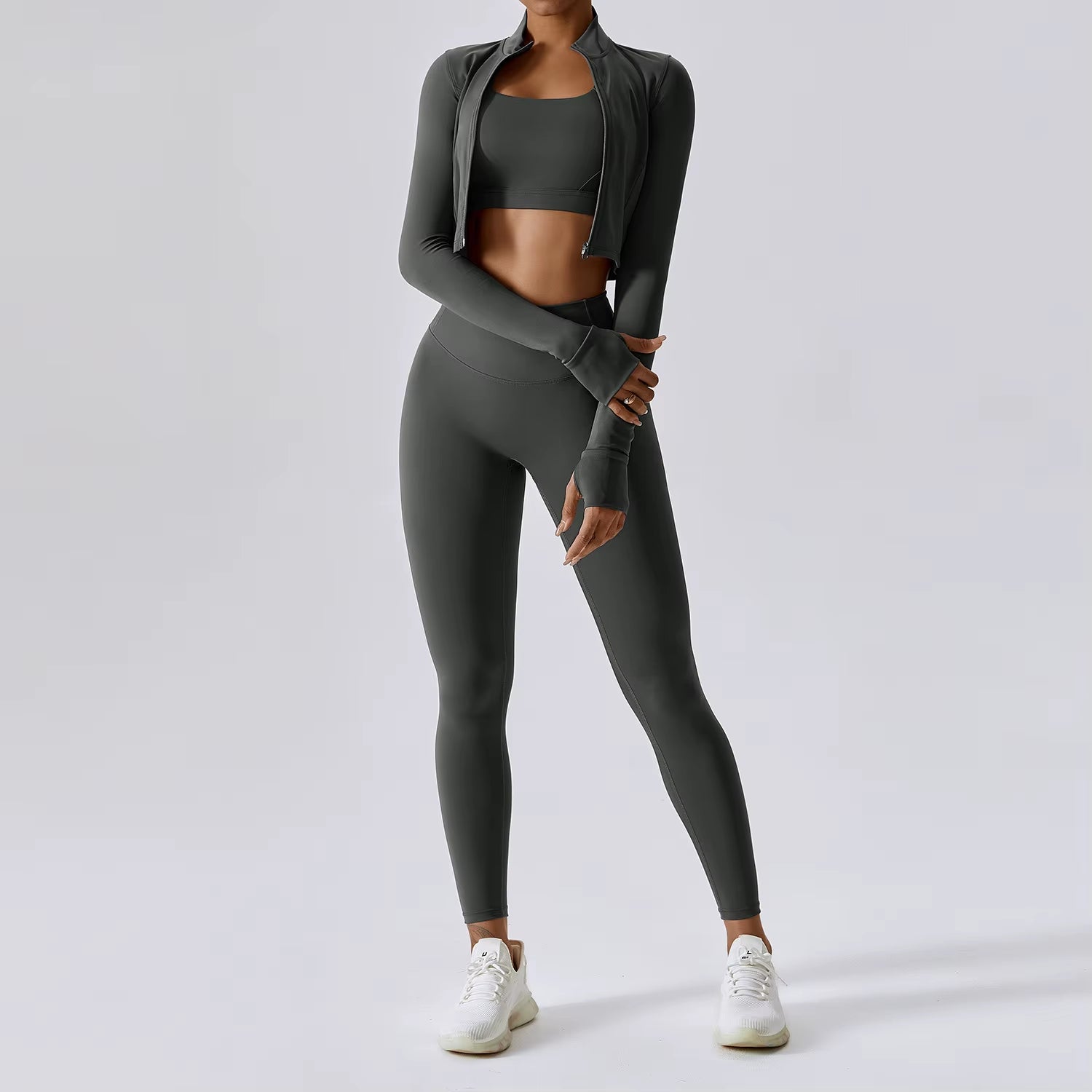 3 Piece Active Wear Sportswear Exercise Athletic Ribbed Hollow Zipper Long Sleeve Gym Workout Seamless Yoga Sets for Women