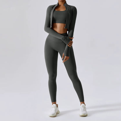 3 Piece Active Wear Sportswear Exercise Athletic Ribbed Hollow Zipper Long Sleeve Gym Workout Seamless Yoga Sets for Women
