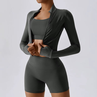 3 Piece Active Wear Sportswear Exercise Athletic Ribbed Hollow Zipper Long Sleeve Gym Workout Seamless Yoga Sets for Women